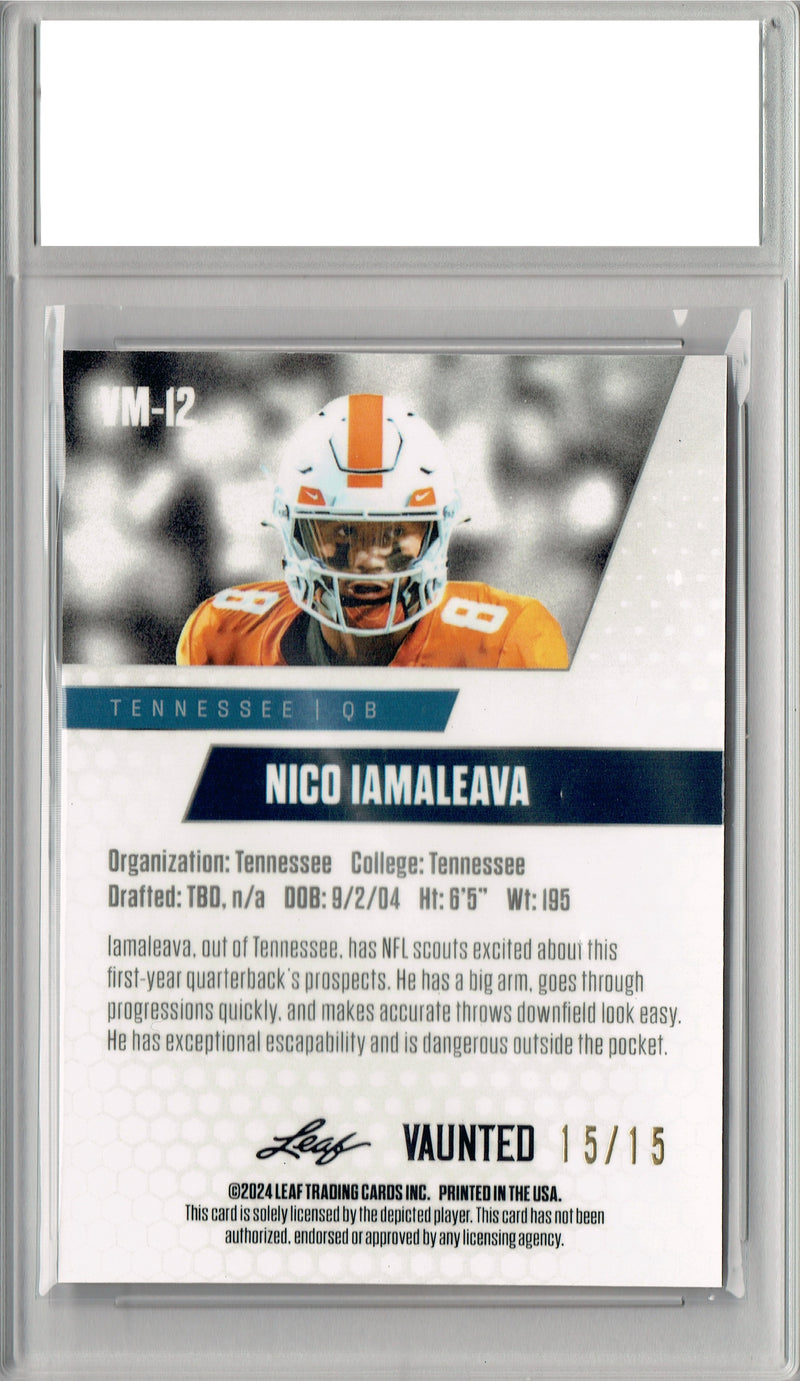 Nico Iamaleava Rookie Card Tennessee / UCLA PGI 10 Gem Mint Football Trading Card 2024 Leaf Vaunted Metal #VM-12 Purple 15 Made