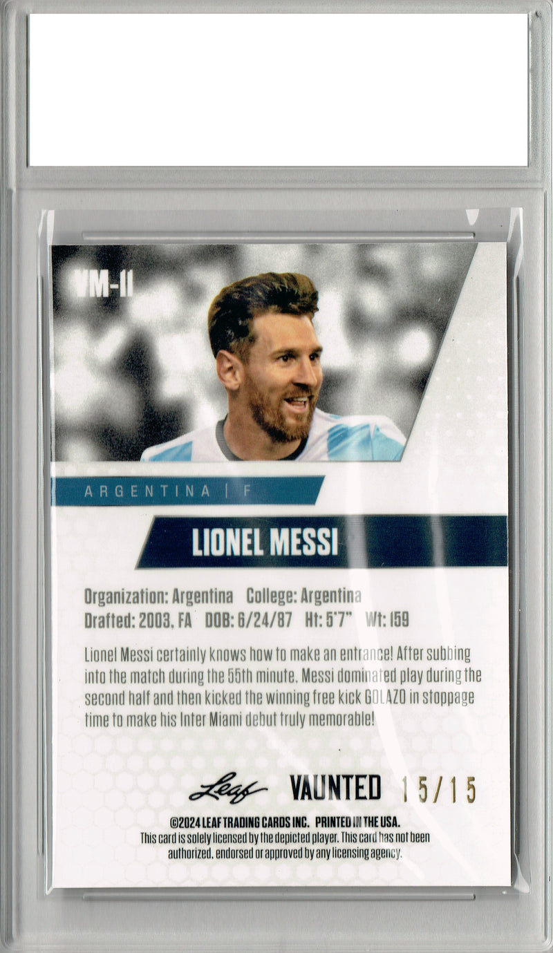 Lionel Messi 2024 Leaf Vaunted Metal #VM-11 Purple 15 Made Rare Trading Card PGI 10