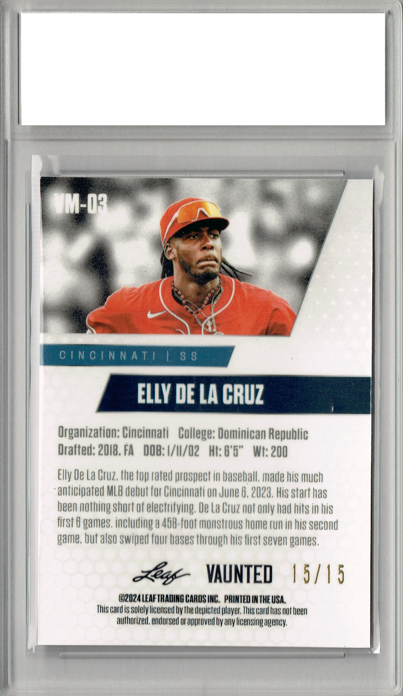 PGI 10 Elly De La Cruz 2024 Leaf Vaunted Metal #VM-03 Purple 15 Made Rookie Card