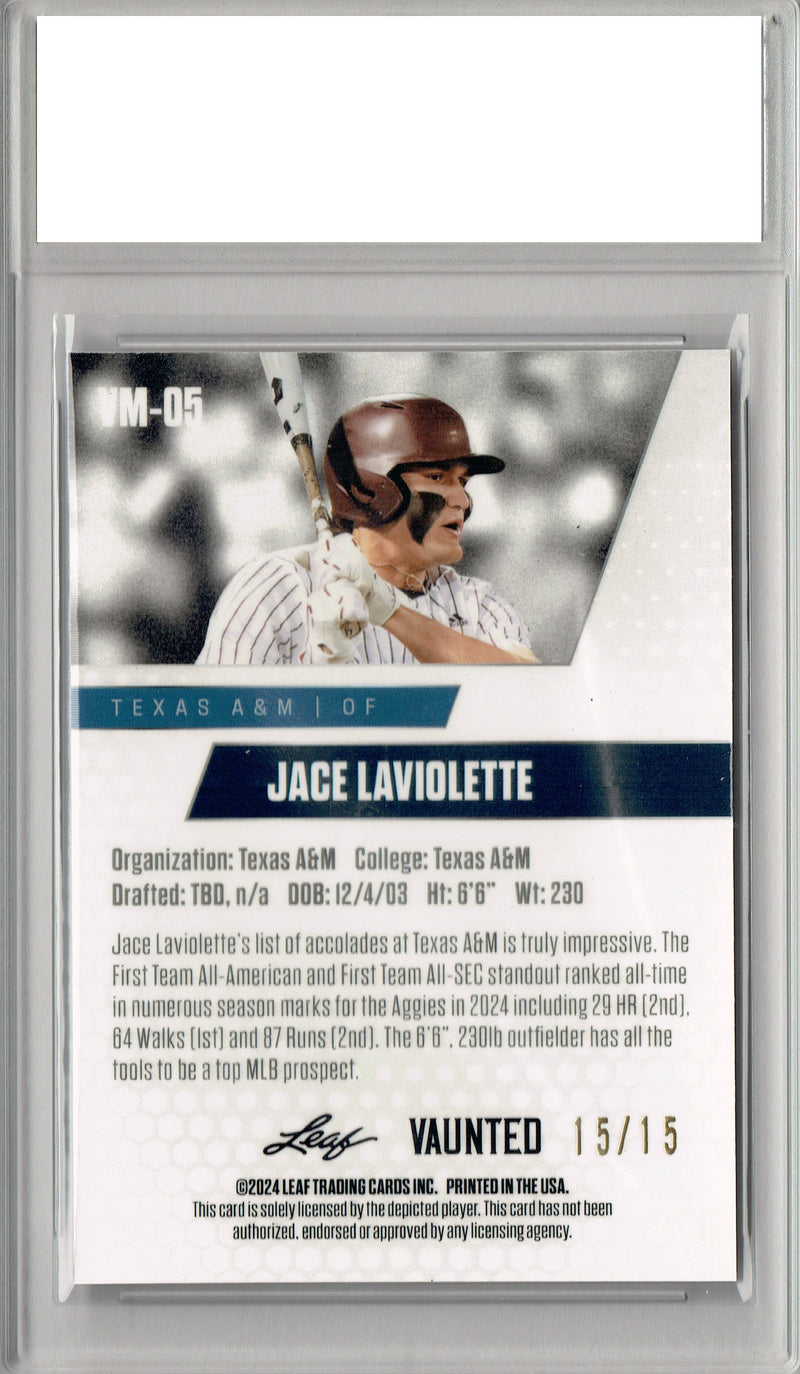 Certified Mint+ Jace LaViolette 2024 Leaf Vaunted Metal #VM-05 Purple 15 Made Rookie Card Cleveland Guardians
