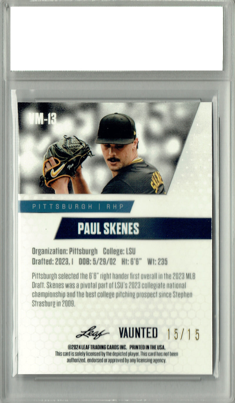 Paul Skenes 2024 Leaf Vaunted Metal #VM-13 Purple 15 Made Rookie Card PGI 10