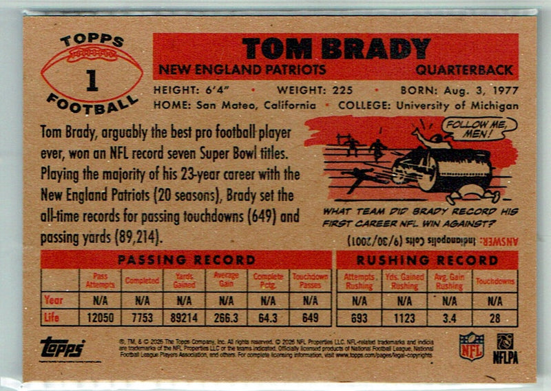 Rare Tom Brady Trading Card 2026 Topps Living Set #1 Background Variation SP, Mint Condition, New England Patriots Football