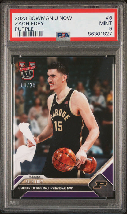 PSA 9 Zach Edey 2023 Bowman University Now #6 Purple SP #18 of 25 Rookie Card