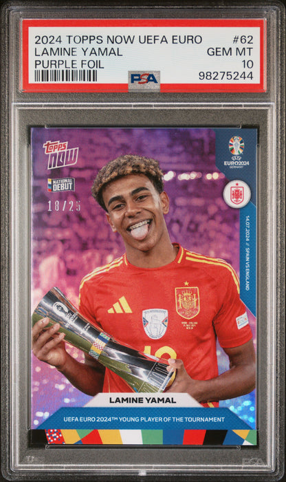 PSA 10 Lamine Yamal 2024 Topps Now #62 Purple Foil #18/25 UEFA EURO Rookie Card