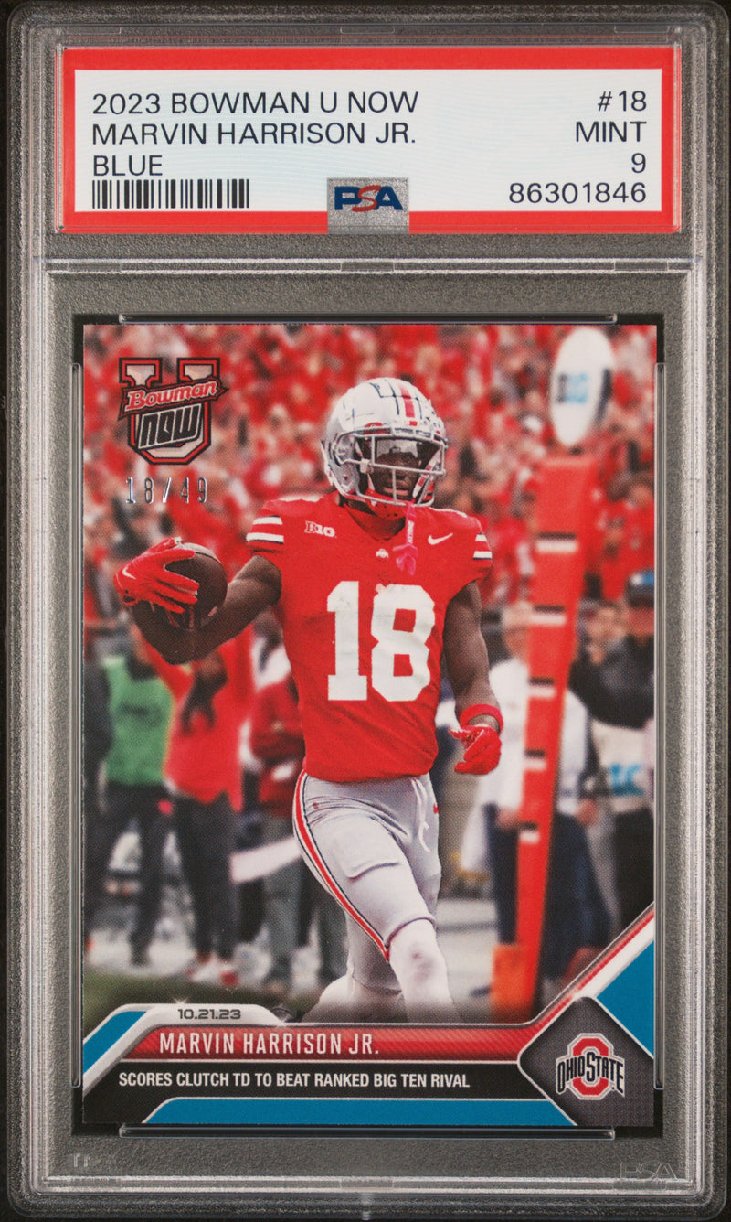 PSA 9 Marvin Harrison 2023 Bowman University Now #3 Blue Jersey #18/49 Rookie Card Arizona Cardinals