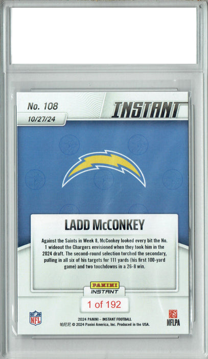 Certified Mint+ Ladd McConkey 2024 Panini Instant #108 Only 192 Made! Rookie Card Los Angeles Chargers