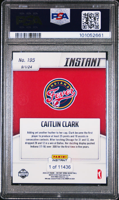 PSA 10 Caitlin Clark 2024 Panini Instant #195 Consecutive 25-10s Rookie Card
