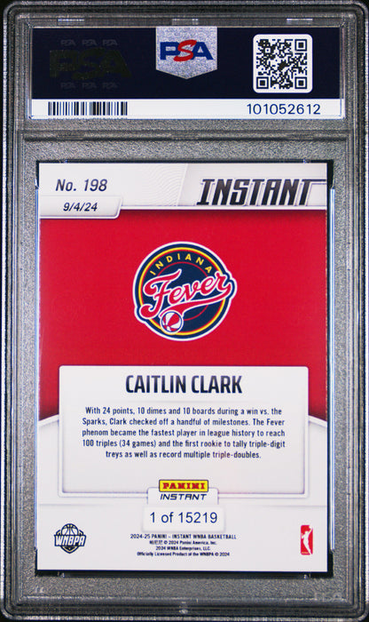 PSA 9 Caitlin Clark 2024 Panini Instant #198 Racks Up Records Rookie Card