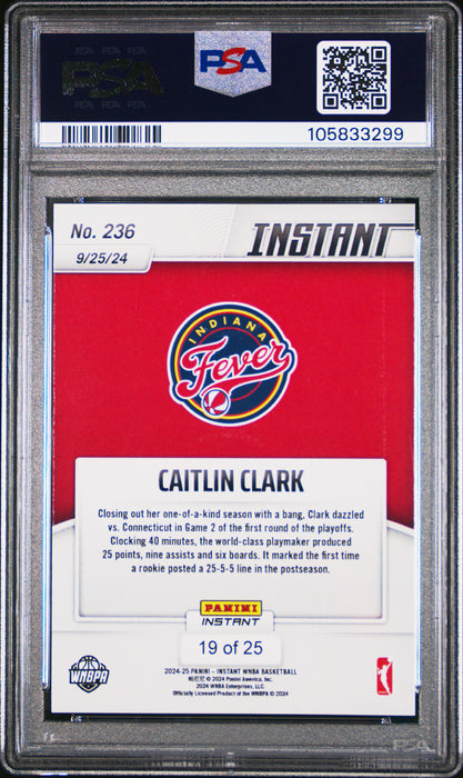 PSA 9 Caitlin Clark 2024 Panini Instant #236 Jungle #19/25 Rookie Card