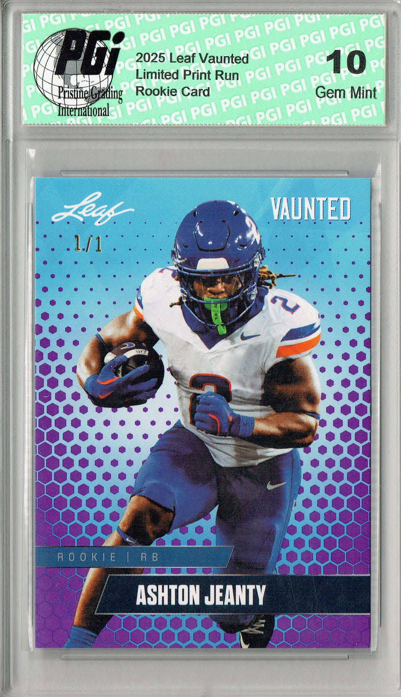 Ashton Jeanty Rookie Card Boise St / Las Vegas PGI 10 Football Trading Card 2025 Leaf Vaunted #V-02 Purple Blank Back 1/1