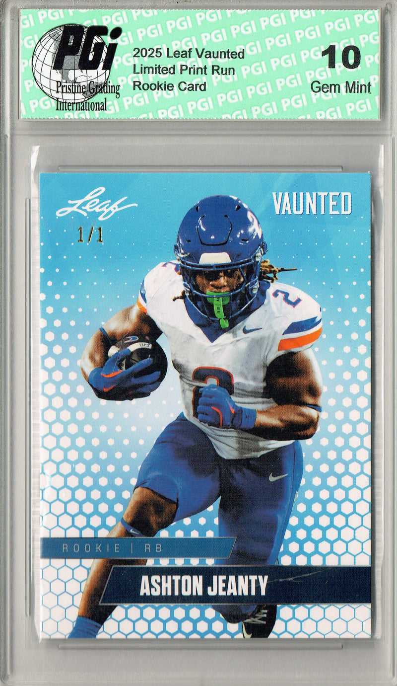 Ashton Jeanty Rookie Card Boise St / Las Vegas PGI 10 Football Trading Card 2025 Leaf Vaunted #V-02 White Blank Back 1/1
