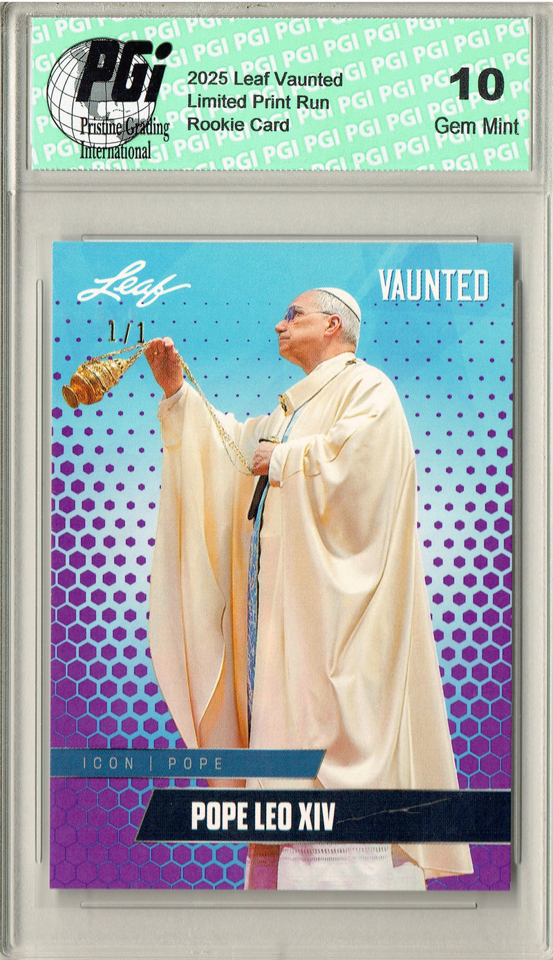 Pope Leo XIV 2025 Leaf Vaunted #V-05 Purple Blank Back 1/1 Rookie Card PGI 10