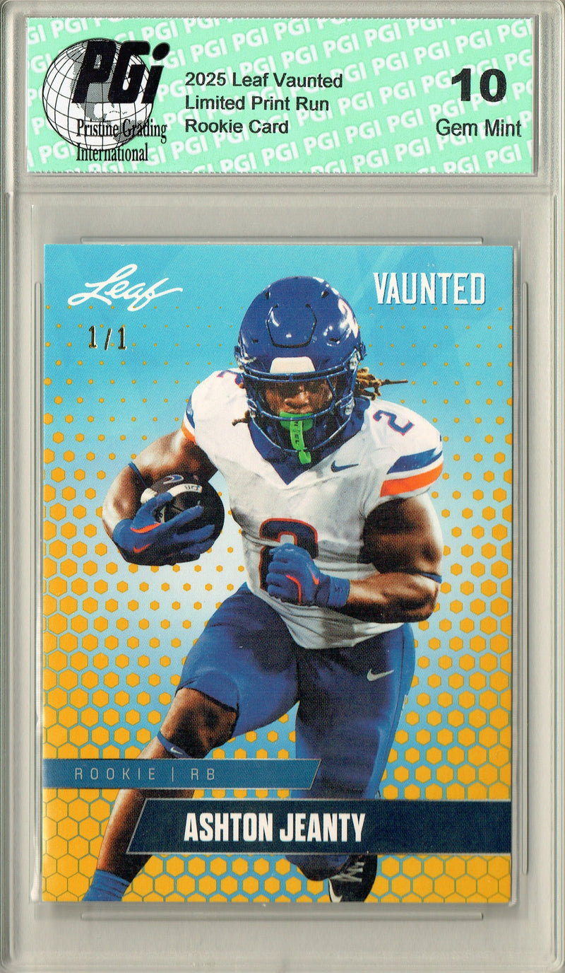 Ashton Jeanty Rookie Card Boise St / Las Vegas PGI 10 Football Trading Card 2025 Leaf Vaunted #V-02 Gold Blank Back 1/1