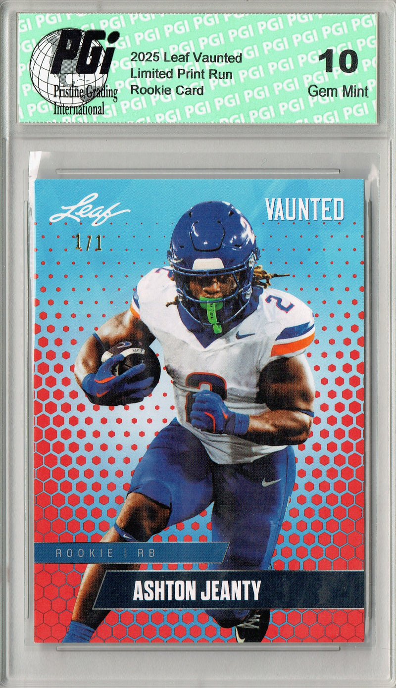 Ashton Jeanty Rookie Card Boise St / Las Vegas PGI 10 Football Trading Card 2025 Leaf Vaunted #V-02 Orange Blank Back 1/1
