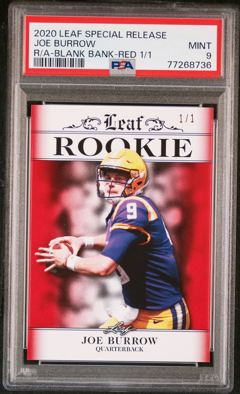Joe Burrow Rookie Card Cincinnati PSA MINT 9 (Mint) Football Trading Card 2020 Leaf Exclusive #2 Blank Bank-Red 1/1