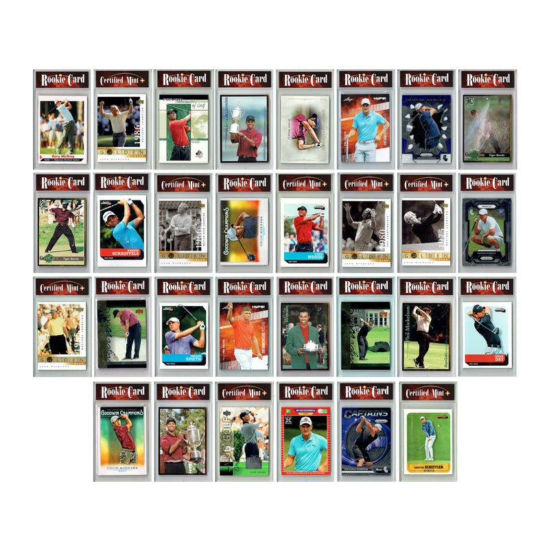 LOADED! Pro Golf Collector's Box: 4 Certified Mint+ Rookie Cards - Tiger Woods, Scottie Scheffler, Brooks Koepka, Jack Nicklaus, Xander Schauffele, Bryson Dechambeau