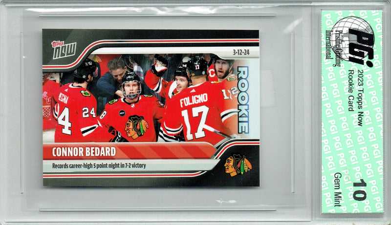 Connor Bedard 2023 Topps Now #144 5 Point Game Rookie Card PGI 10 Sticker Back