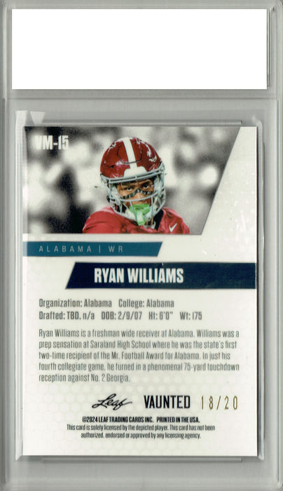 Certified Mint+ Ryan Wlliams 2024 Leaf Vaunted Metal #VM-15 Silver 25 Made Rookie Card Alabama