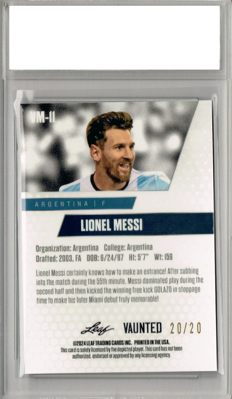 Lionel Messi 2024 Leaf Vaunted Metal #VM-11 Blue 20 Made Rare Trading Card PGI 10