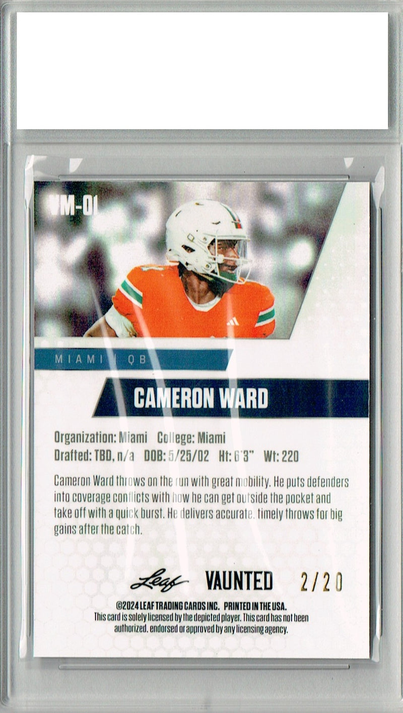 Cameron Cam Ward Rookie Card Tennessee Football Trading Card 2024 Leaf Vaunted Metal #VM-01 Blue 20 Made  Certified Mint+