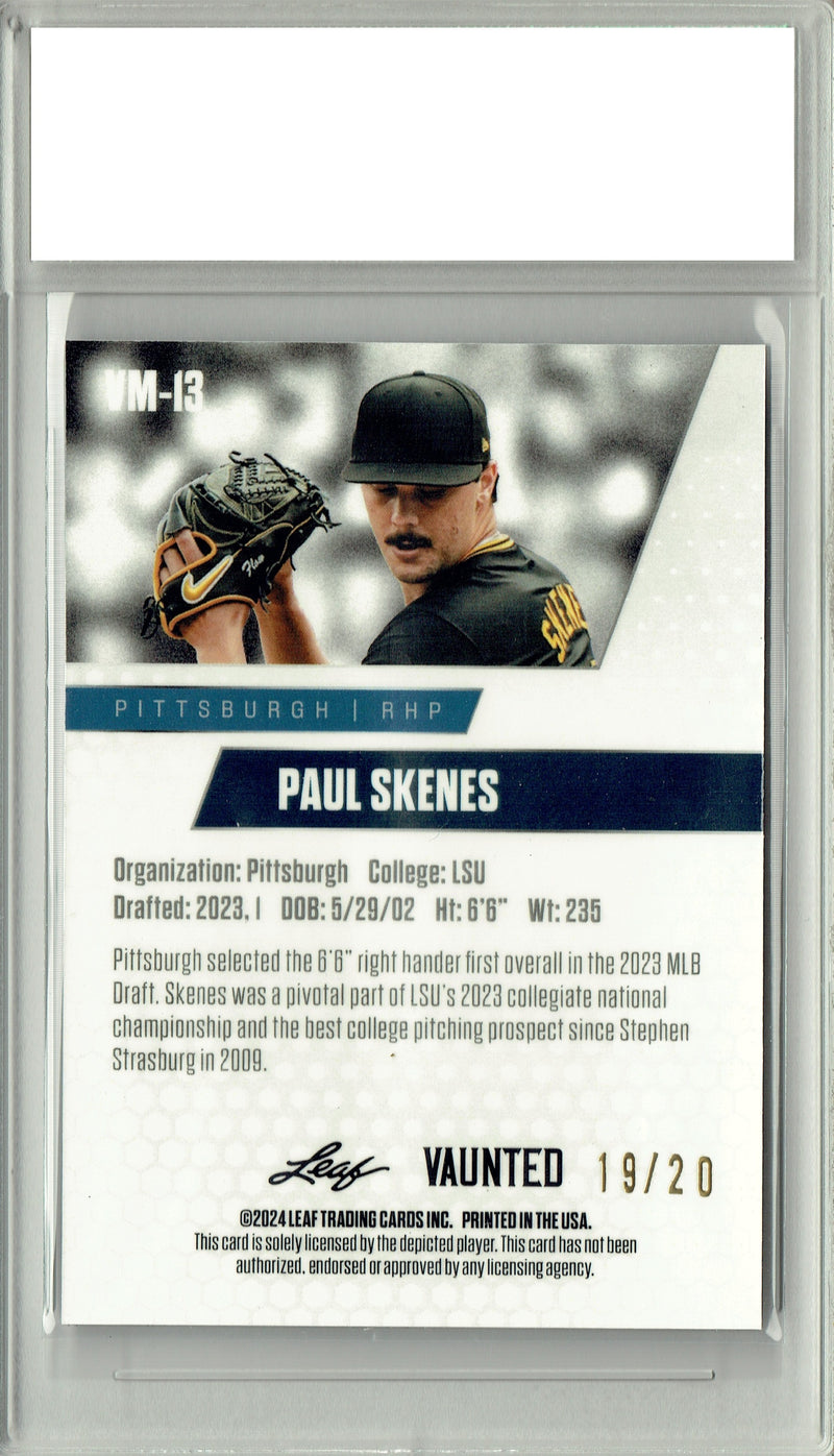 Paul Skenes 2024 Leaf Vaunted Metal #VM-13 Blue 20 Made Rookie Card PGI 10
