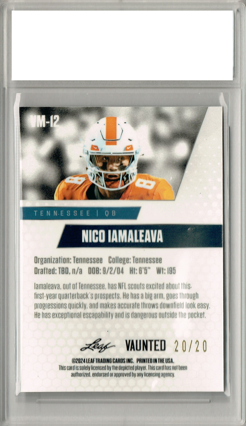 Nico Iamaleava Rookie Card Tennessee / UCLA PGI 10 Gem Mint Football Trading Card 2024 Leaf Vaunted Metal #VM-12 Blue 20 Made