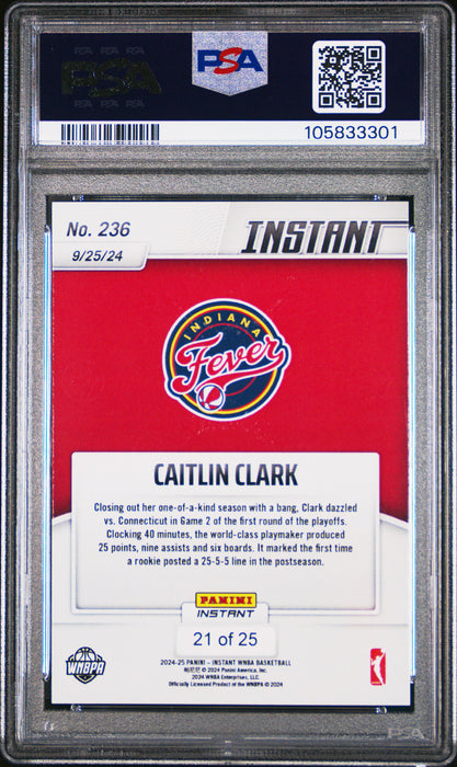PSA 9 Caitlin Clark 2024 Panini Instant #236 Jungle #21/25 Rookie Card