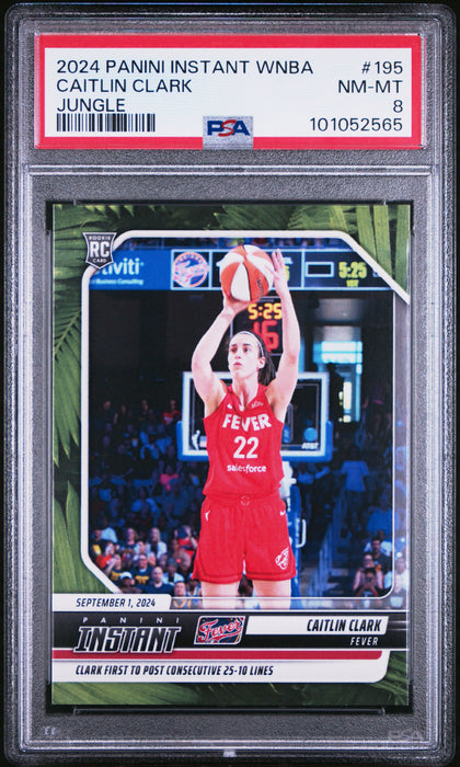PSA 8 Caitlin Clark 2024 Panini Instant #195 Jungle SP Jersey #22/25 Rookie Card