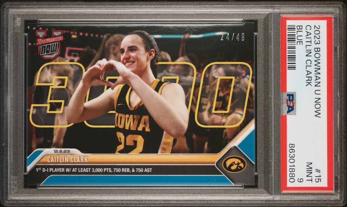 PSA 9 Caitlin Clark 2023 Bowman University Now #15 Blue SP #24/49 Rookie Card