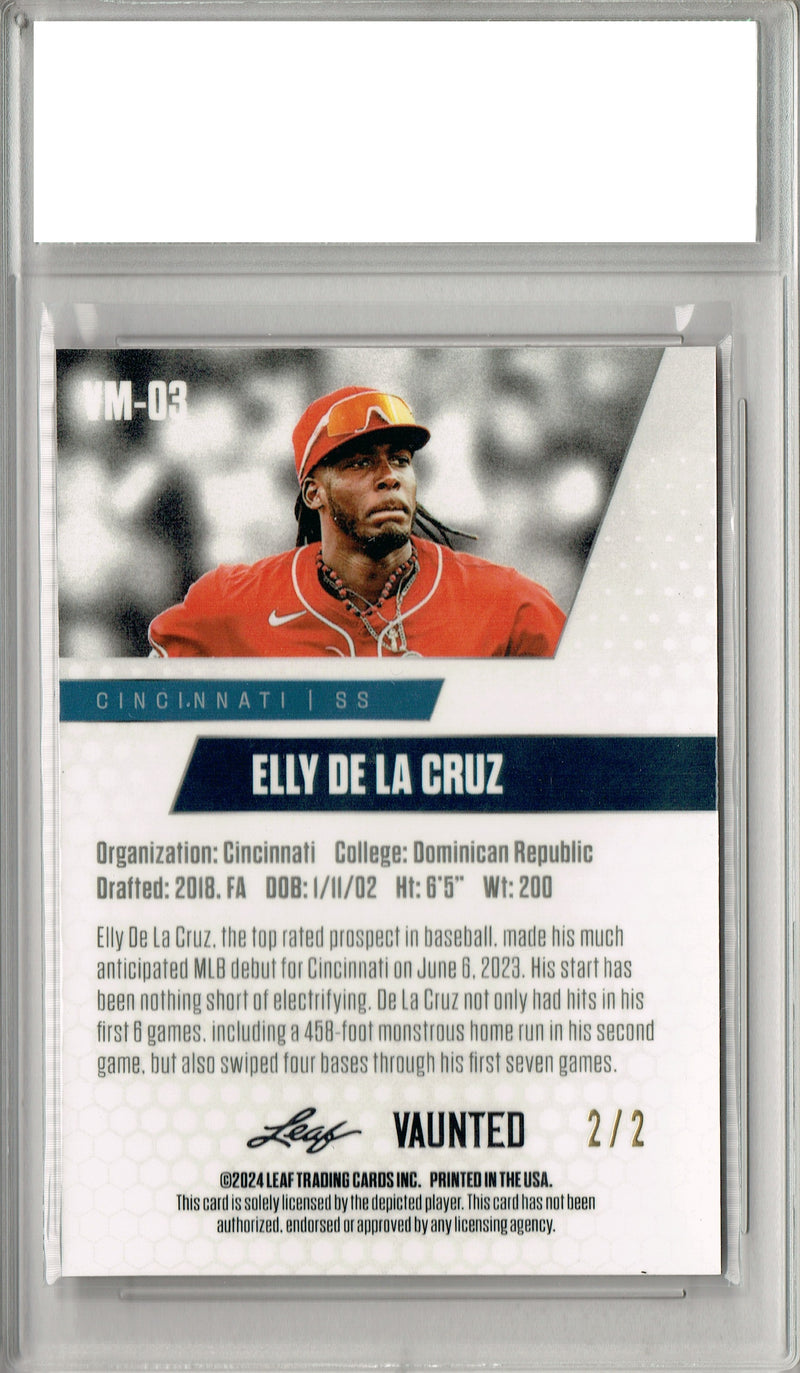 Certified Mint+ Elly De La Cruz 2024 Leaf Vaunted Metal #VM-03 Red #2/2 Made Rookie Card Cincinnati Reds