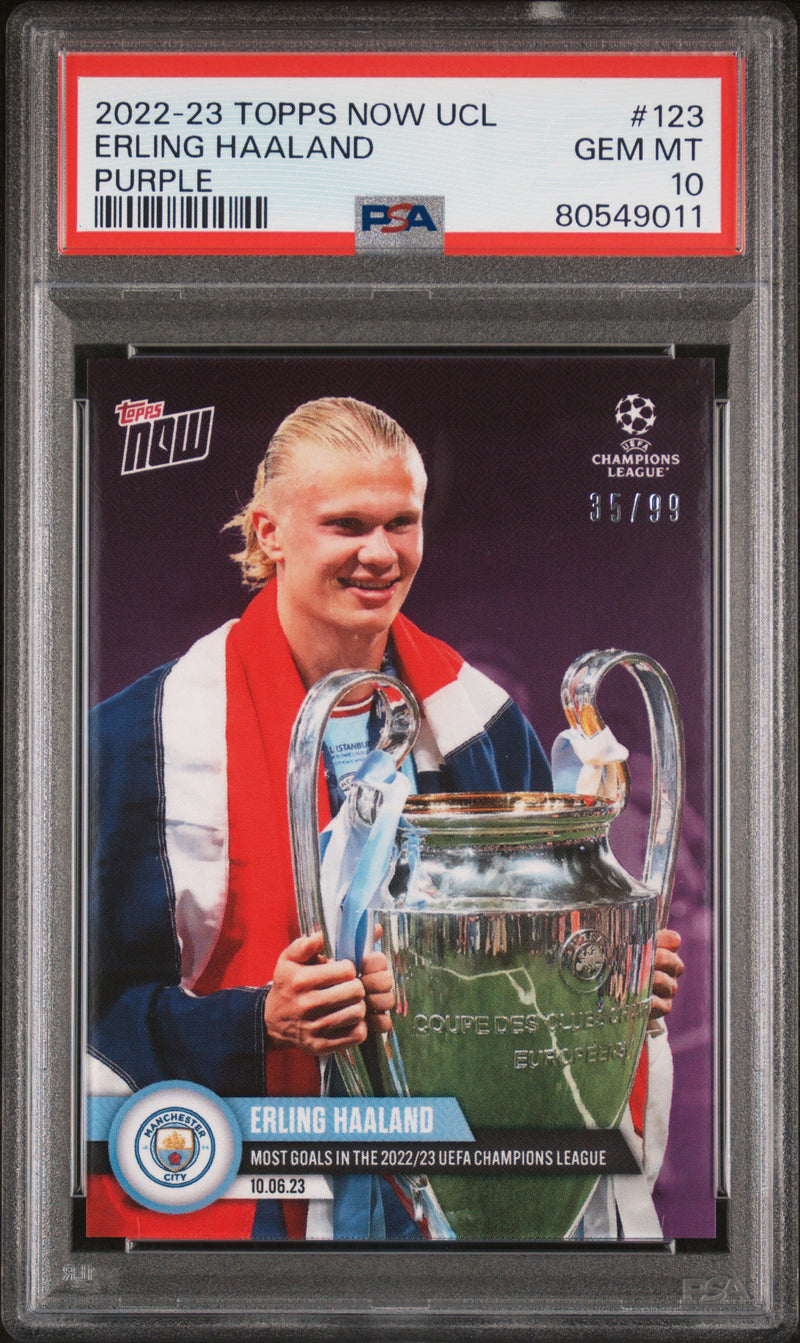PSA 10 Erling Haaland 2022 Topps Now #123 Purple SP #35/99 City Most Goals Card