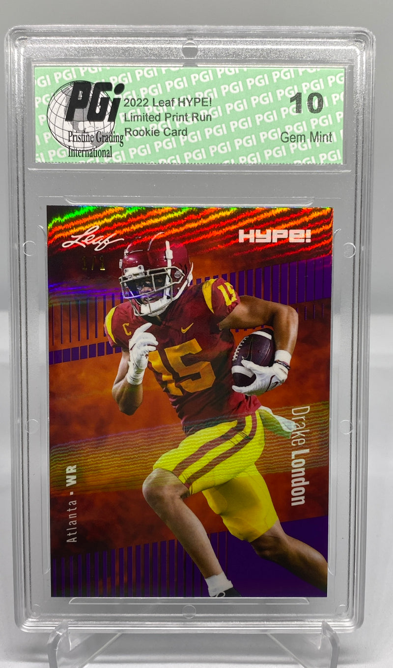 Drake London Rookie Card Atlanta PGI 10 Gem Mint Football Trading Card 2022 Leaf HYPE! #85 Purple Shimmer 1 of 1