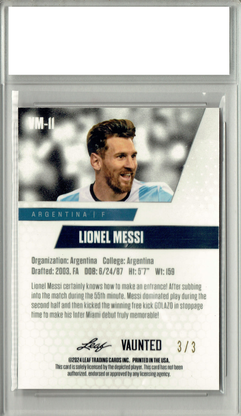 Lionel Messi 2024 Leaf Vaunted Metal #VM-11 Orange Only 3 Made Rare Trading Card PGI 10