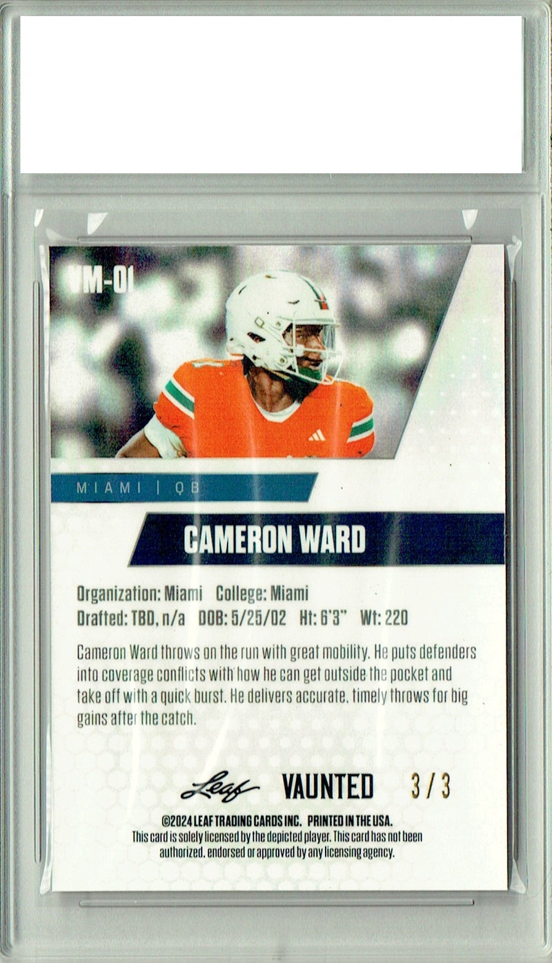 Cam Ward Rookie Card Tennessee PGI 10 Gem Mint Football Trading Card 2024 Leaf Vaunted Metal #VM-01 Orange Only 3 Made