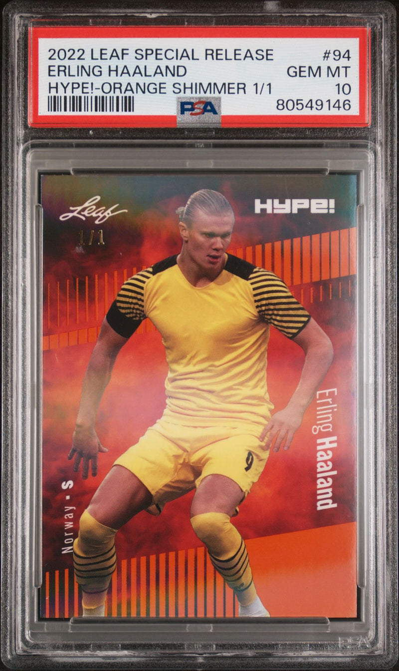 PSA 10 Erling Haaland 2022 Leaf Hype! #94 Orange Shimmer 1/1 Rare Trading Card