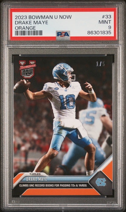 PSA 9 Drake Maye 2023 Bowman University Now #33 Orange SP The #1/5 Rookie Card