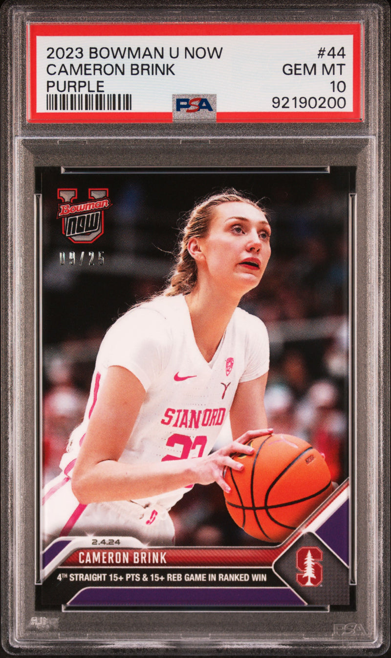PSA 10 Cameron Brink 2023 Bowman University Now #44 Purple #9/25 Rookie Card Stanford Cardinal