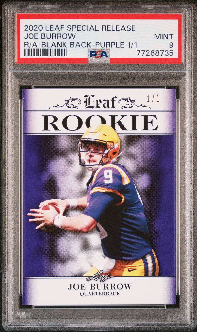 Joe Burrow Rookie Card Cincinnati PSA MINT 9 (Mint) Football Trading Card 2020 Leaf Exclusive #2 Blank Back-Purple 1/1