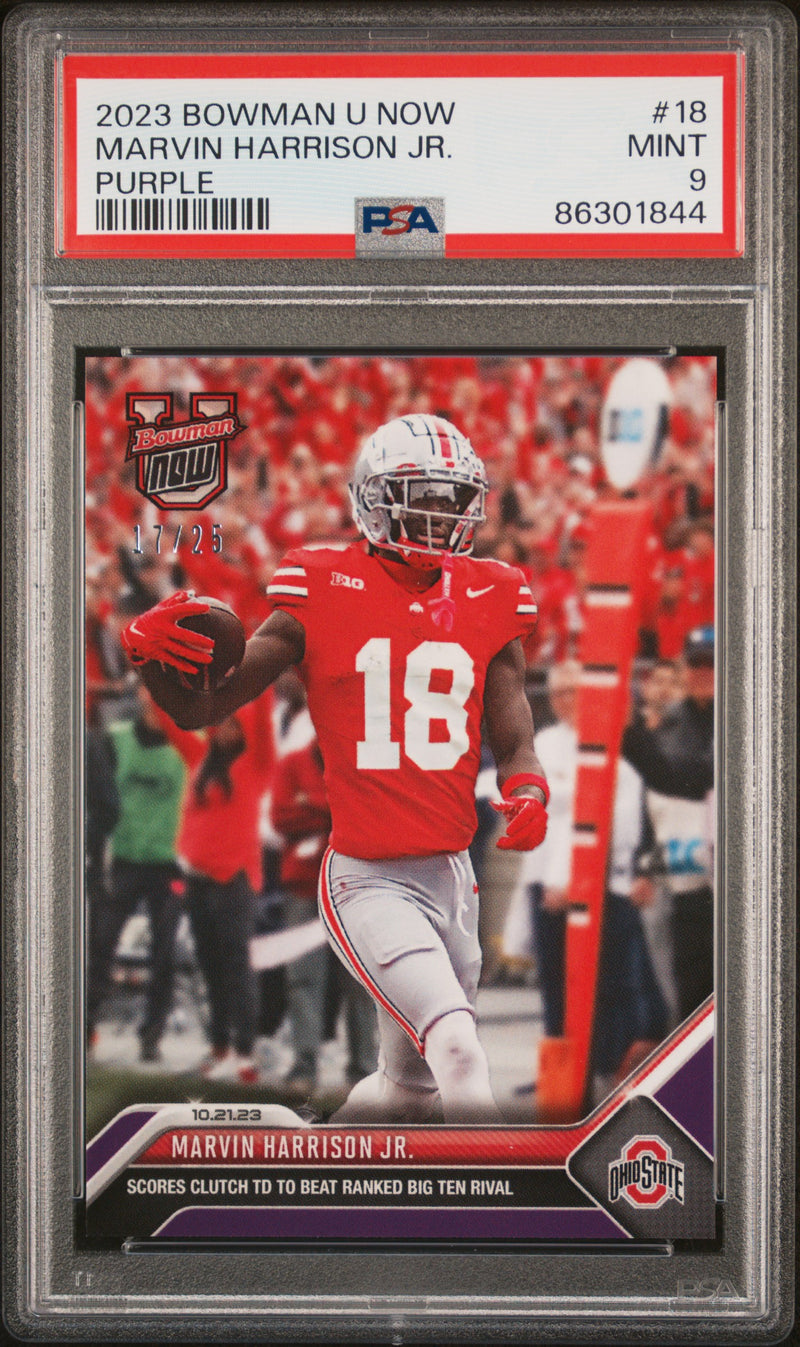 PSA 9 Marvin Harrison 2023 Bowman University Now #2 Purple SP #17/25 Rookie Card Arizona Cardinals