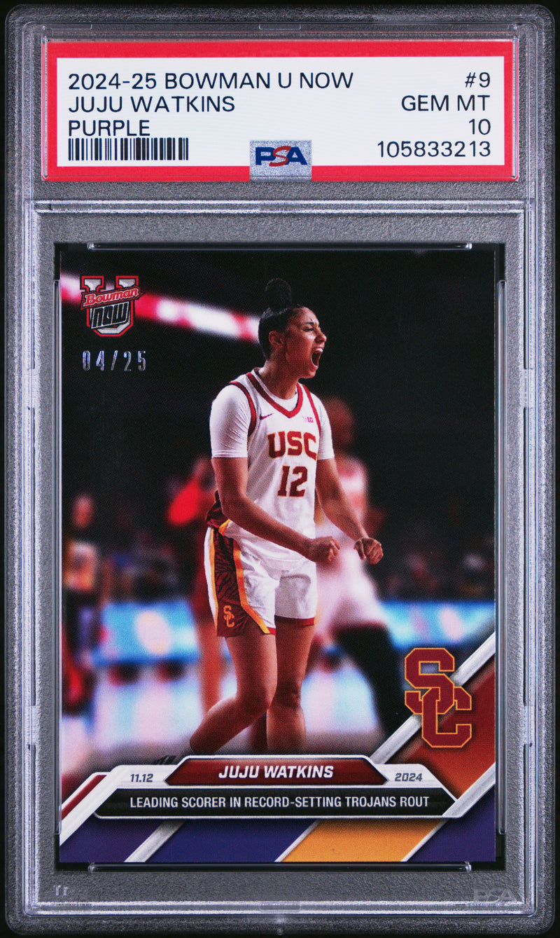 PSA 10 Juju Watkins 2024 Bowman University Now #9 Purple 4/25 Rookie Card USC Trojans