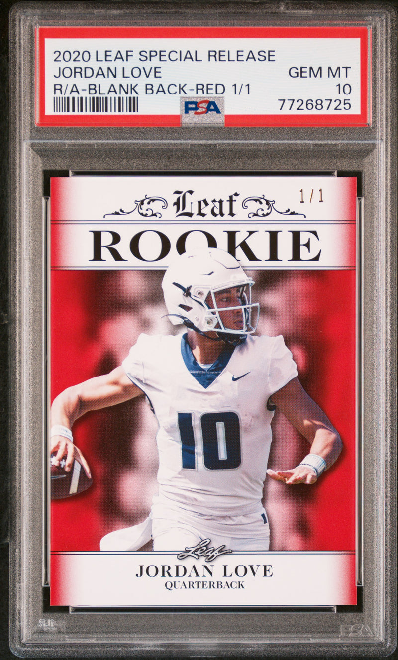 Jordan Love Rookie Card Green Bay PSA GEM-MT 10 (Gem Mint) Football Trading Card 2020 Leaf Exclusive #3 Blank Bank-Red 1/1