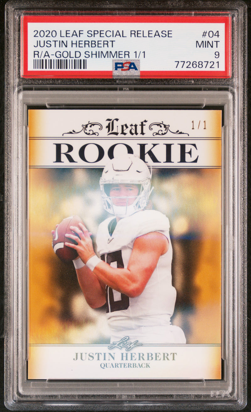 Justin Herbert Rookie Card Los Angeles PSA MINT 9 (Mint) Football Trading Card 2020 Leaf Exclusive #4 Gold Shimmer 1/1