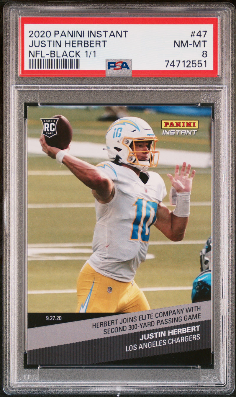 PSA 8 Justin Herbert 2020 Panini Instant #47 Rookie Card Black 1/1 Elite Comp.