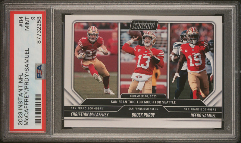 PSA 9 Christian McCaffrey/Brock Prdy/Deebo Samuels 2023 Panini Instant #84 49ers Trading Card San Francisco 49ers