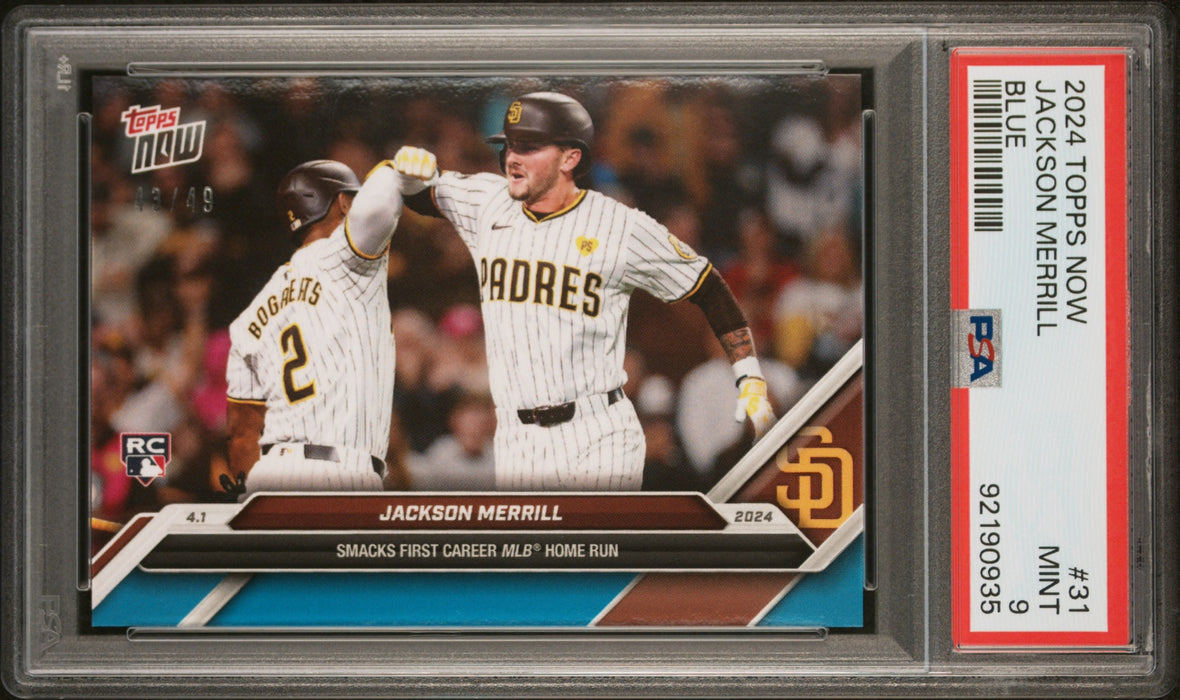 PSA 9 Jackson Merrill 2024 Topps Now #31 Blue SP 49 Made! Rookie Card