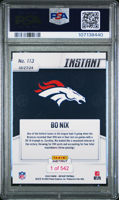 PSA 10 Bo Nix 2024 Panini Instant #113 Only 542 Made Rookie Card