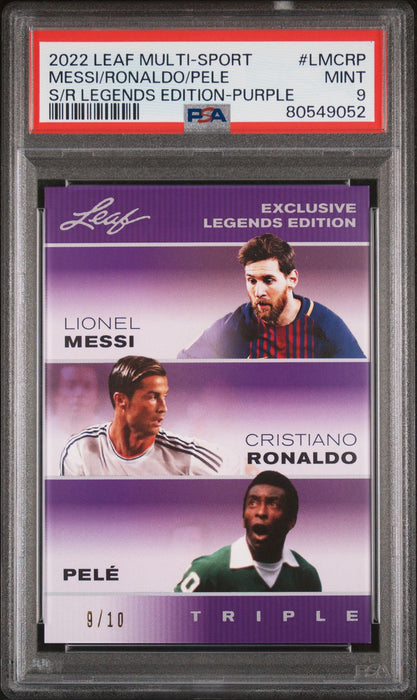 PSA 10 Pele Lionel Messi Cristiano Ronaldo 2022 Leaf #LMCRP The Triple Purple #9/10 Rare Trading Card