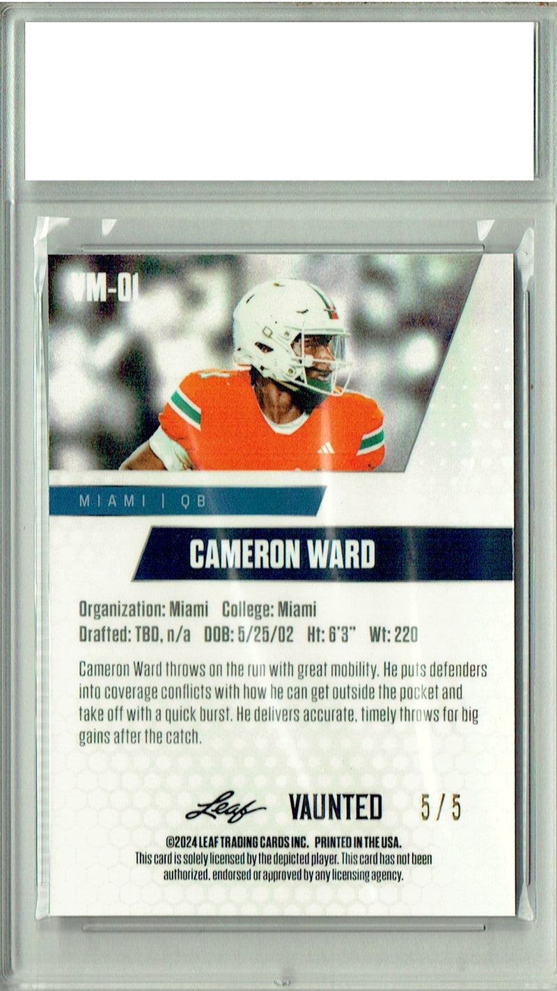 Cam Ward Rookie Card Tennessee PGI 10 Gem Mint Football Trading Card 2024 Leaf Vaunted Metal #VM-01 Green 5 Made