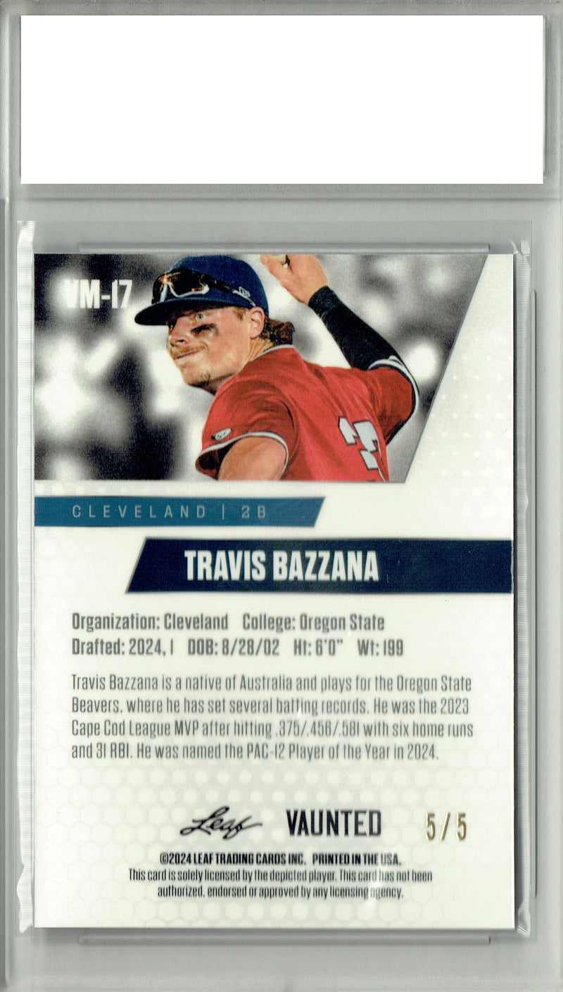 Certified Mint+ Travis Bazzana 2024 Leaf Vaunted Metal #VM-17 Green 5 Made Rookie Card Cleveland Guardians
