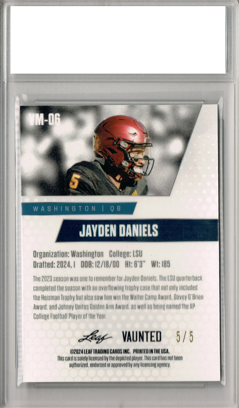 Certified Mint+ Jayden Daniels 2024 Leaf Vaunted Metal #VM-06 Green 5 Made Rookie Card Washington Commanders